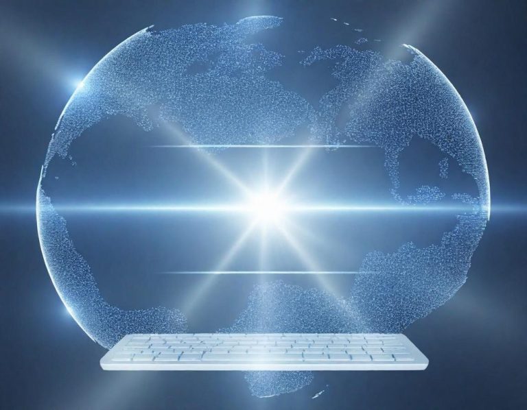 Leuchtender Globus über einer modernen Tastatur in bläulichem Licht.
