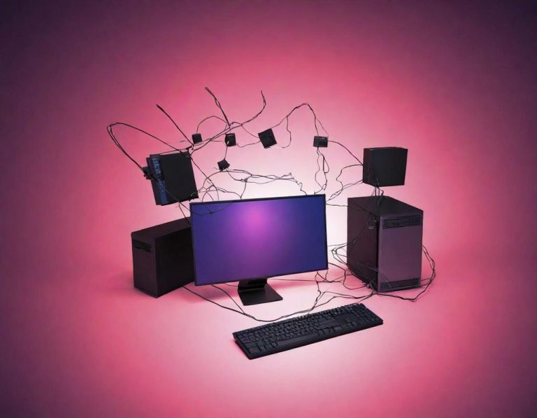 Ein Monitor umgeben von mehreren Computern und Kabeln vor einem pinken Hintergrund.